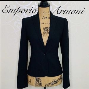 EMPORIO ARMANI WOVEN BLACK WOOL LINEN BLEND BLAZER WITH POCKETS SIZE 2